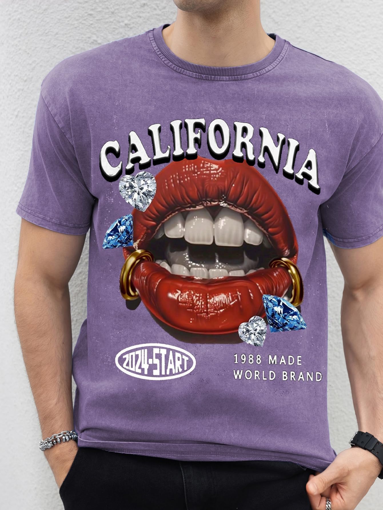 WDIRARA Men's Lip Graphic Tee Shirt Vintage Hip Hop Y2k Streetwear Top