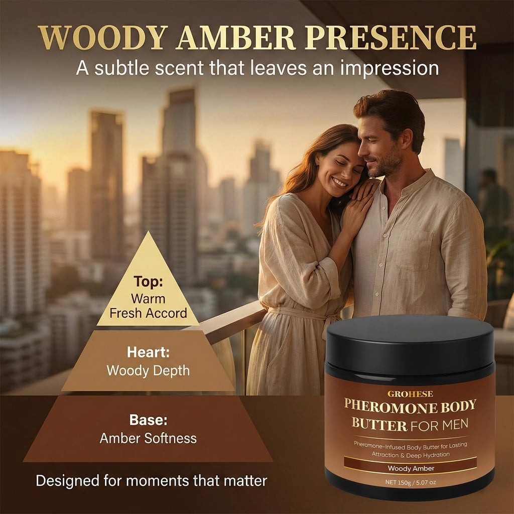 Pheromone Body Butter Men, Mens Skin Cream, Cologne-Inspired Fragrance Moisturizer with Shea Butter, Cocoa Butter & Coconut Oil, Non-Greasy Hydrating Body Cream - Woody Amber