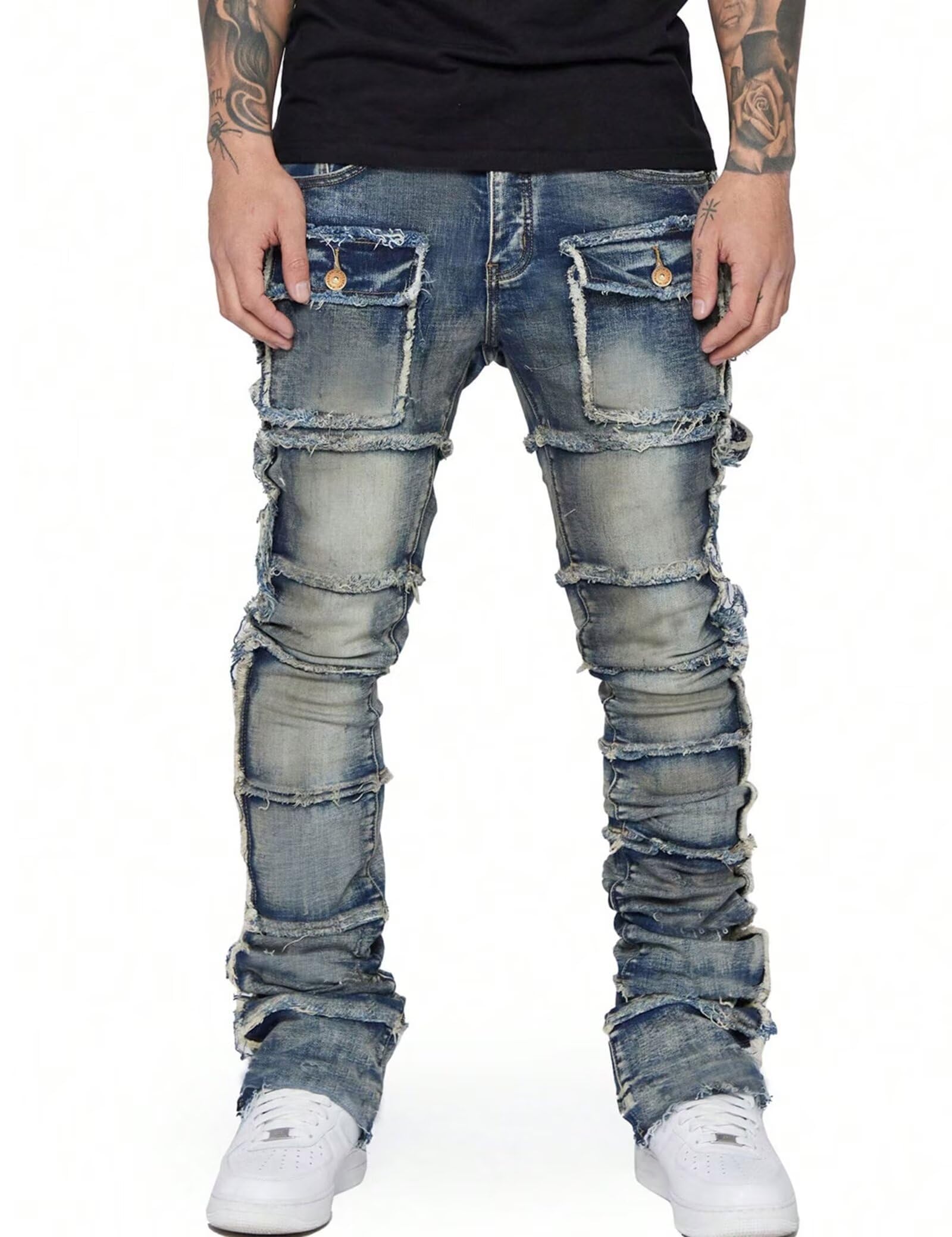 YEOU Men's Stacked Skinny Jeans - Y2K Harajuku Style Ripped Denim Pants with High Waist