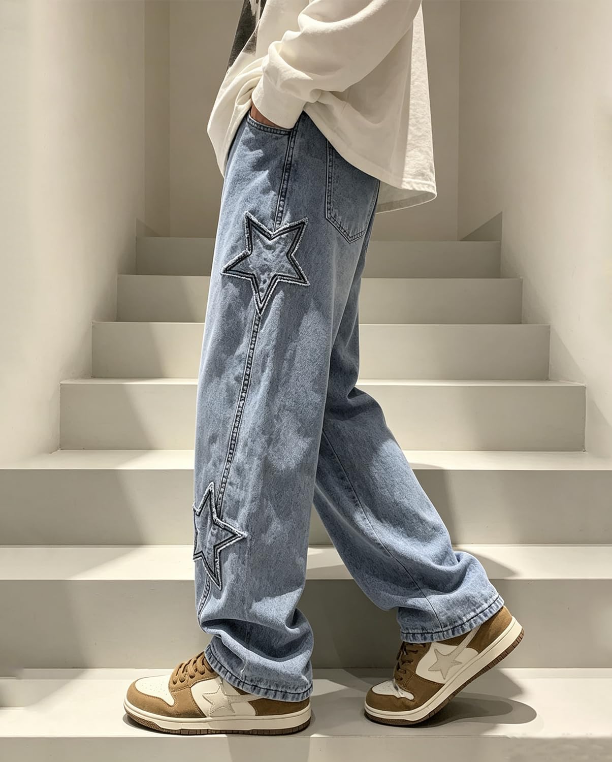 HBER Mens Y2k Star Jeans High Waisted Hip Hop Streetwear Jeans