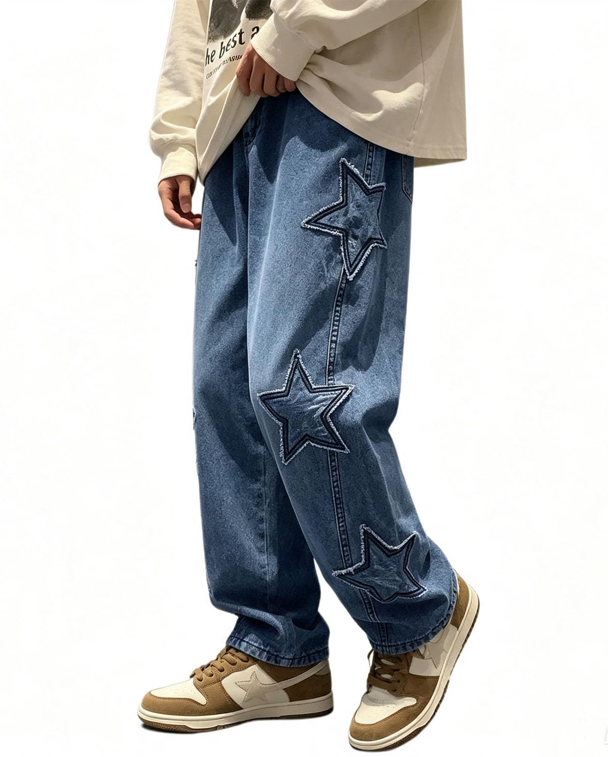 HBER Mens Y2k Star Jeans High Waisted Hip Hop Streetwear Jeans
