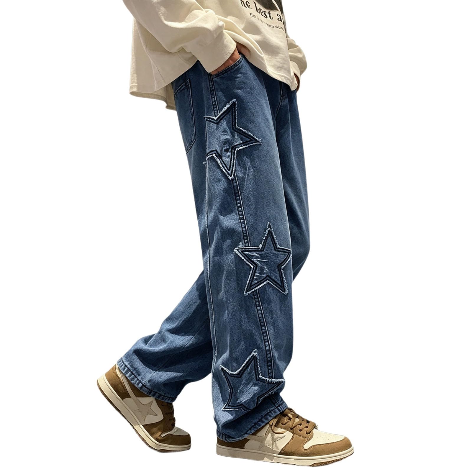HBER Mens Y2k Star Jeans High Waisted Hip Hop Streetwear Jeans