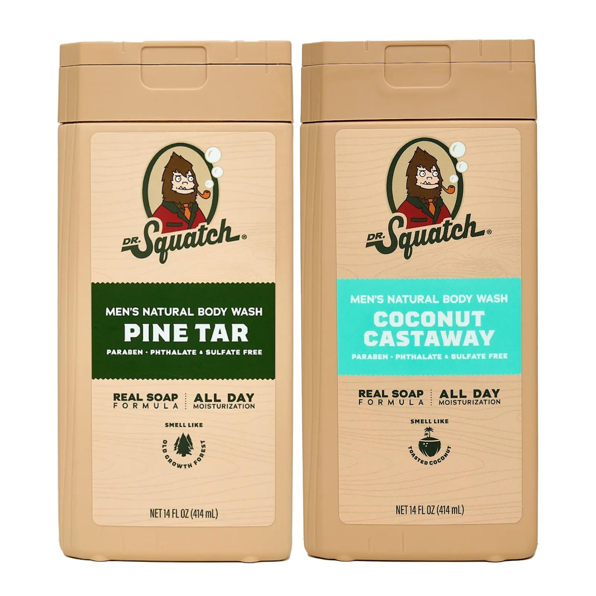 Dr. Squatch Natural Men's Body Wash Shower Gel - Cleansing, Nourishing, Long Lasting Scent, Moisturizing Body Wash for Men - Birchwood Breeze + Rainforest Rapids (14 oz, 2-Pack)