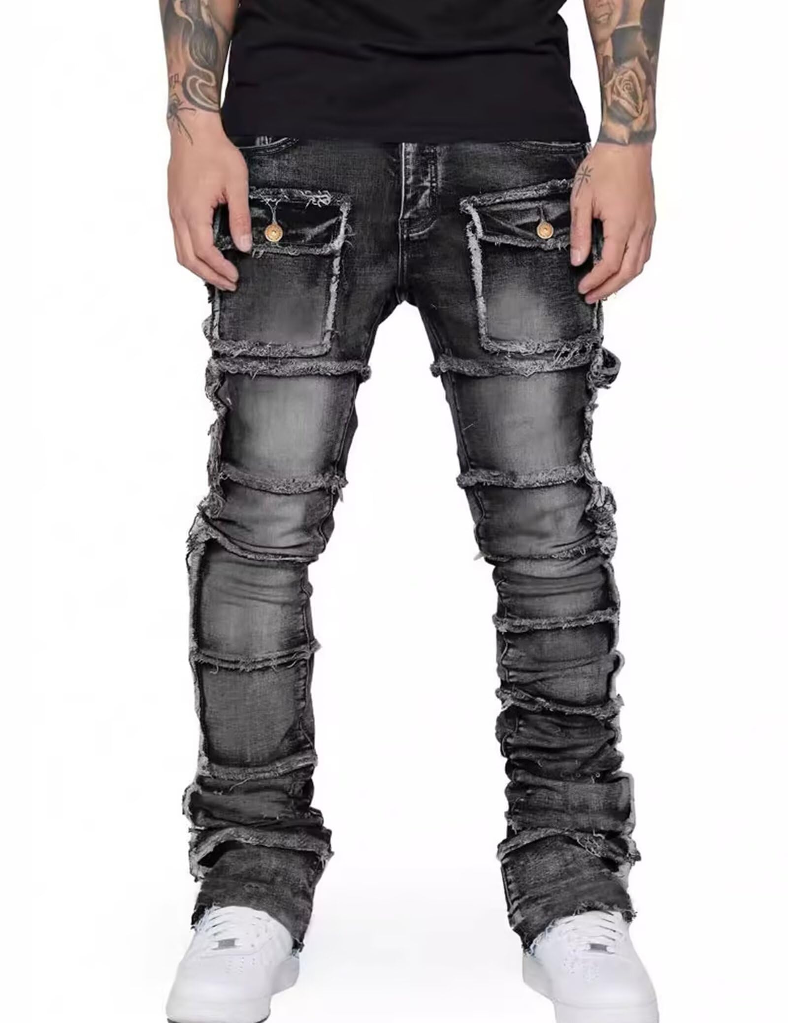 YEOU Men's Stacked Skinny Jeans - Y2K Harajuku Style Ripped Denim Pants with High Waist