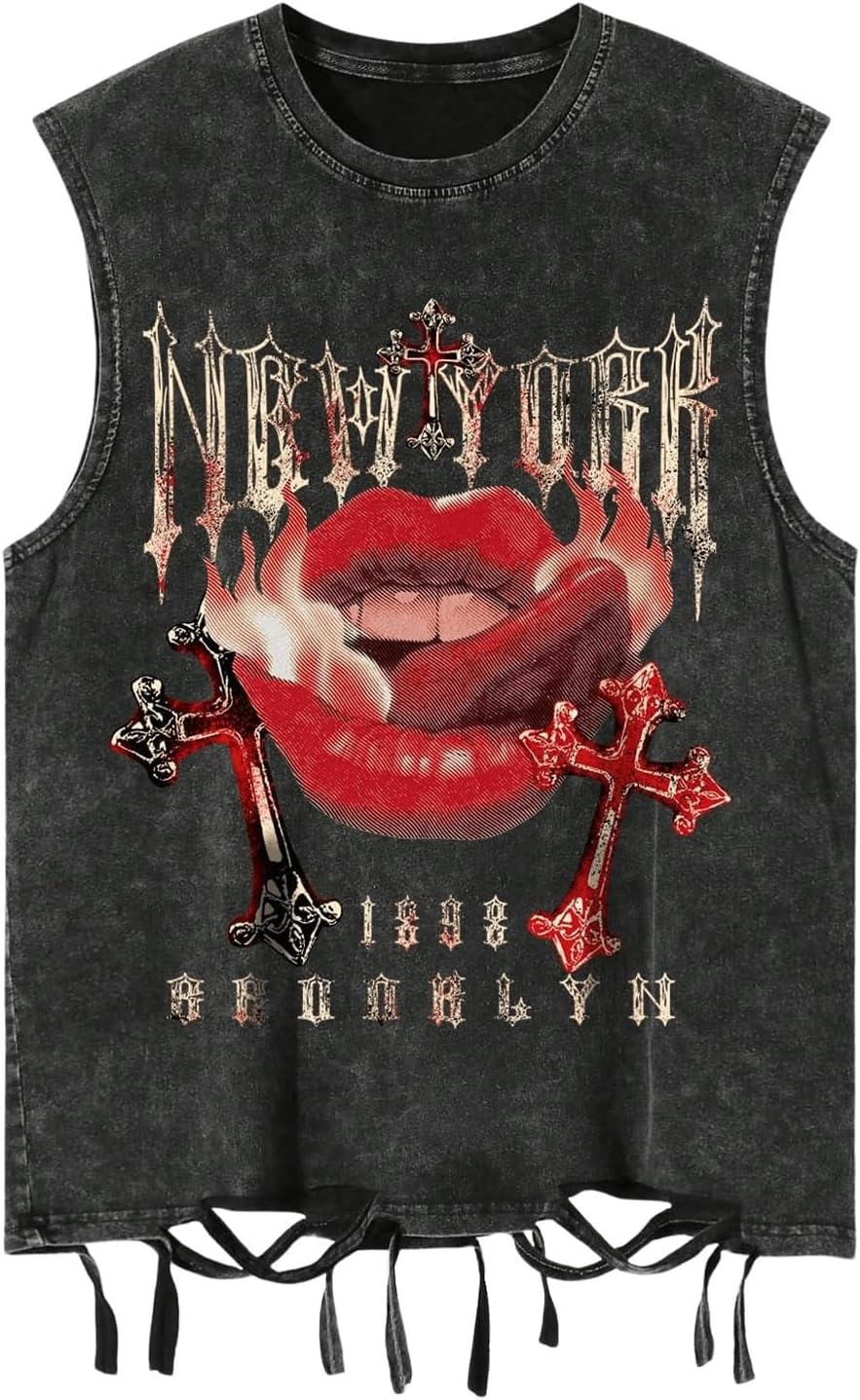 Verdusa Men's Graphic Tees Y2k Grunge Distressed Tee Summer Shirt Sreetwear