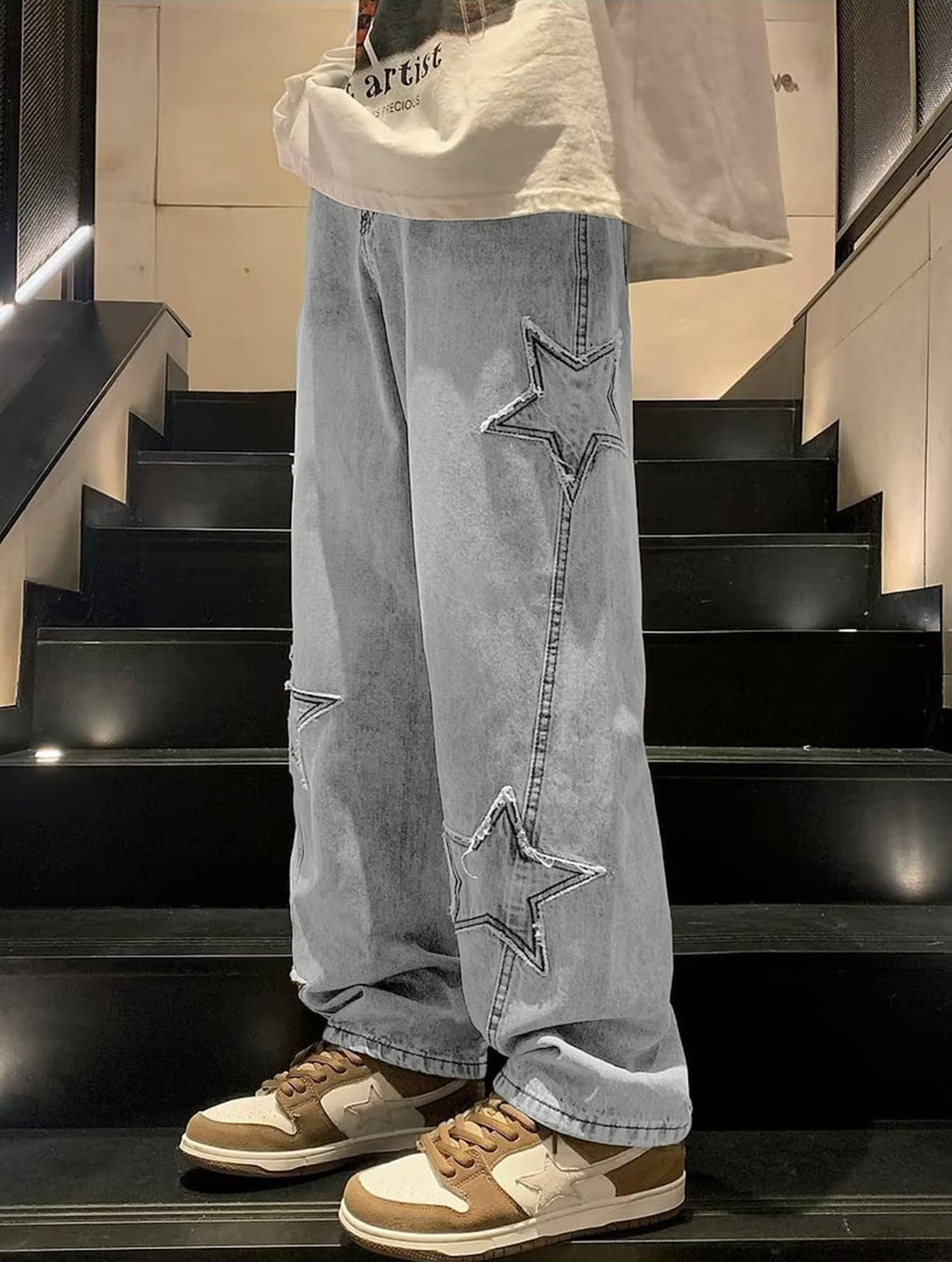 HBER Mens Y2k Star Jeans High Waisted Hip Hop Streetwear Jeans