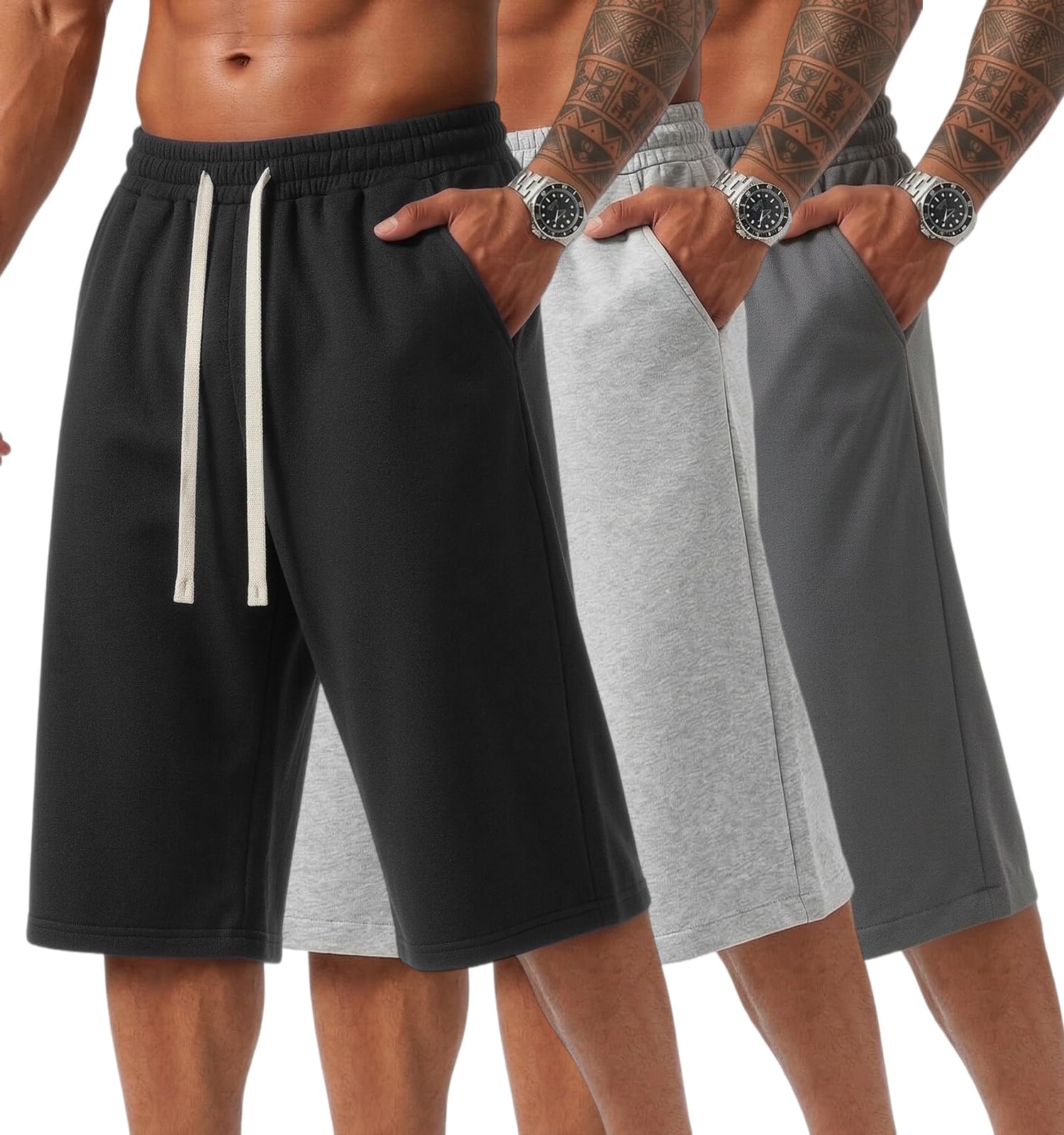 ZUY Men's Baggy Sweat Shorts Cotton Long Below Knee Fleece Capri Shorts 11" Athletic Casual 3/4 Pants with Pockets