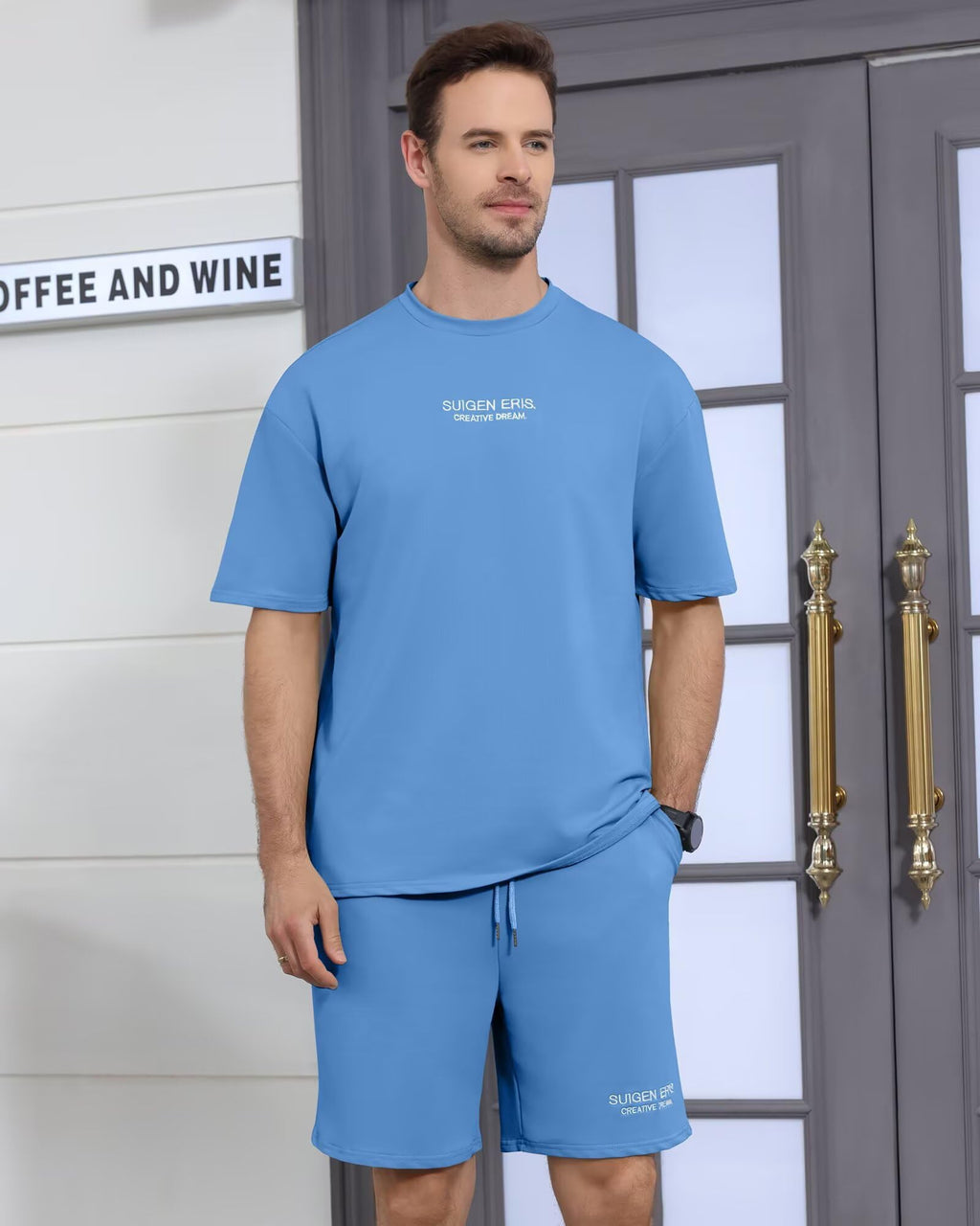 Men's 2 Piece Outfits Letter Drop Shoulder Tee Shirt Shorts Set