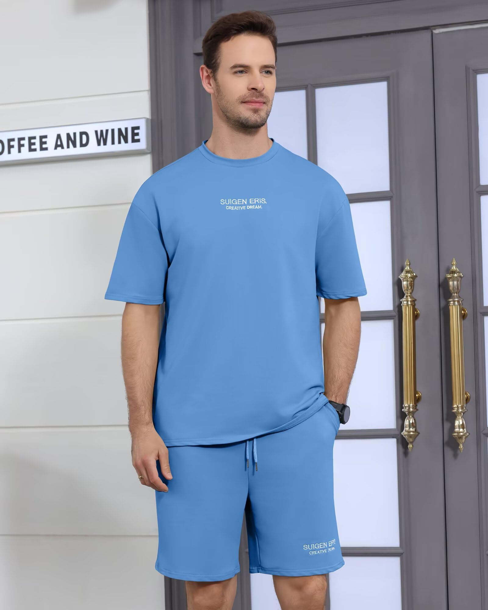 Men's 2 Piece Outfits Letter Drop Shoulder Tee Shirt Shorts Set