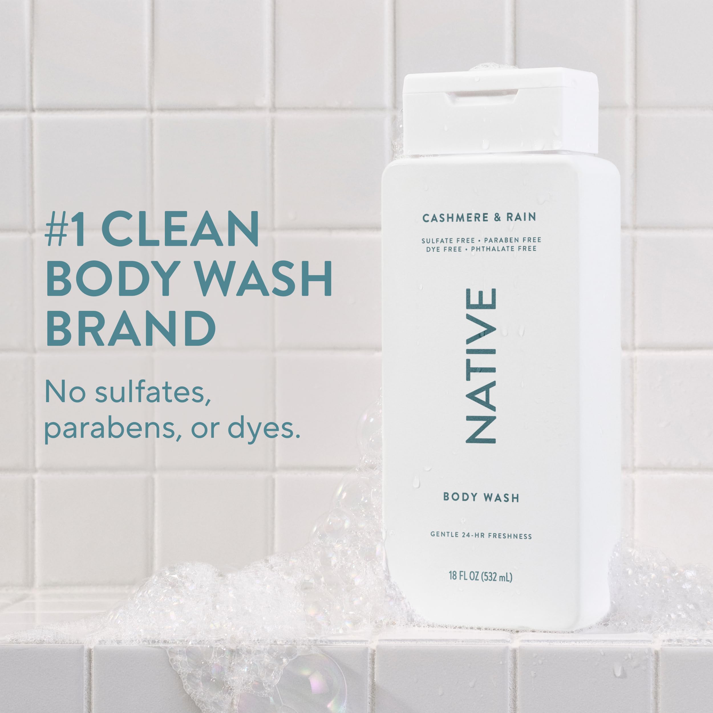 Native Clean Body Wash, Gentle & pH-balanced for Sensitive Skin, 24-Hr Freshness for Men & Women, Vegan & Cruelty-Free, Free of Sulfates, Parabens & Phthalates, Sea Salt & Cedar, 18 fl oz