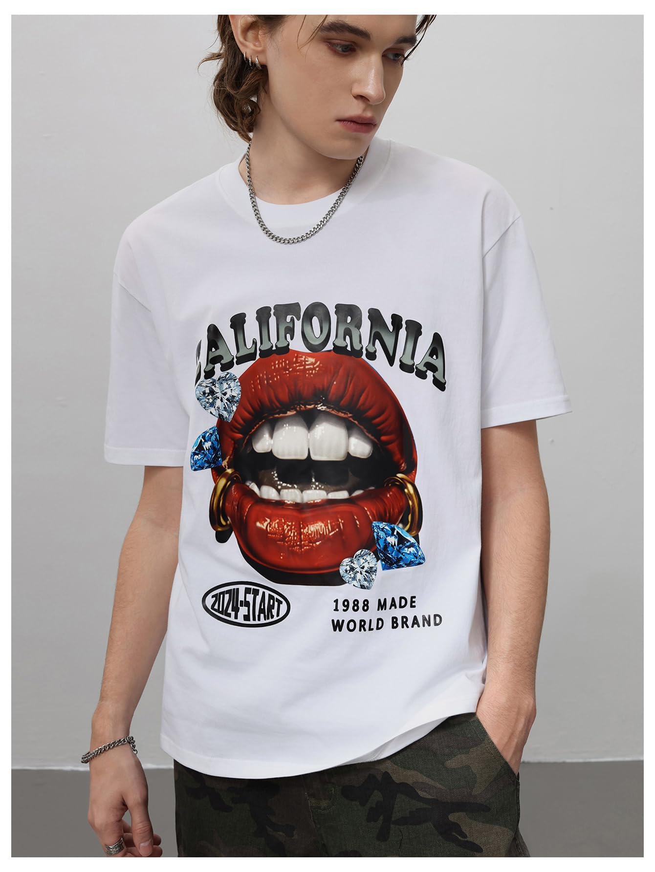 WDIRARA Men's Lip Graphic Tee Shirt Vintage Hip Hop Y2k Streetwear Top