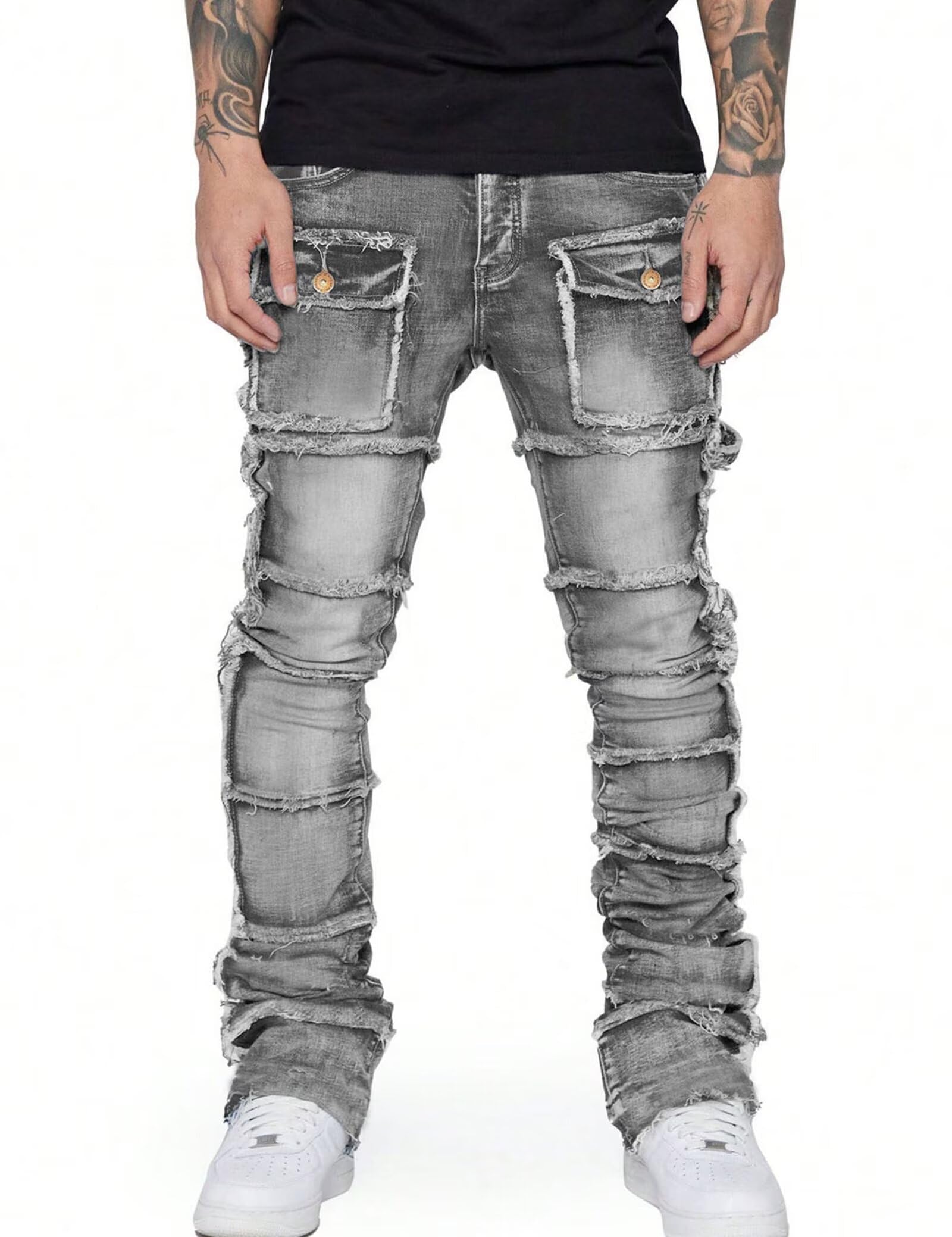 YEOU Men's Stacked Skinny Jeans - Y2K Harajuku Style Ripped Denim Pants with High Waist