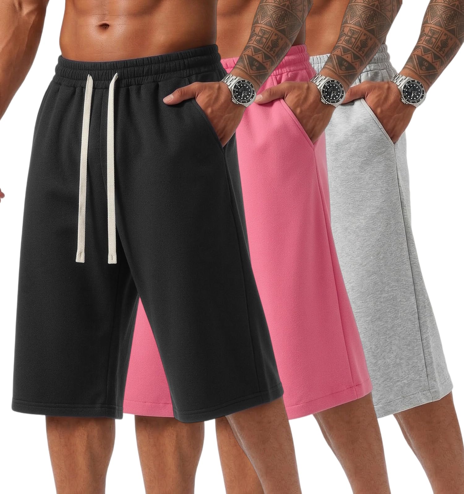 ZUY Men's Baggy Sweat Shorts Cotton Long Below Knee Fleece Capri Shorts 11" Athletic Casual 3/4 Pants with Pockets