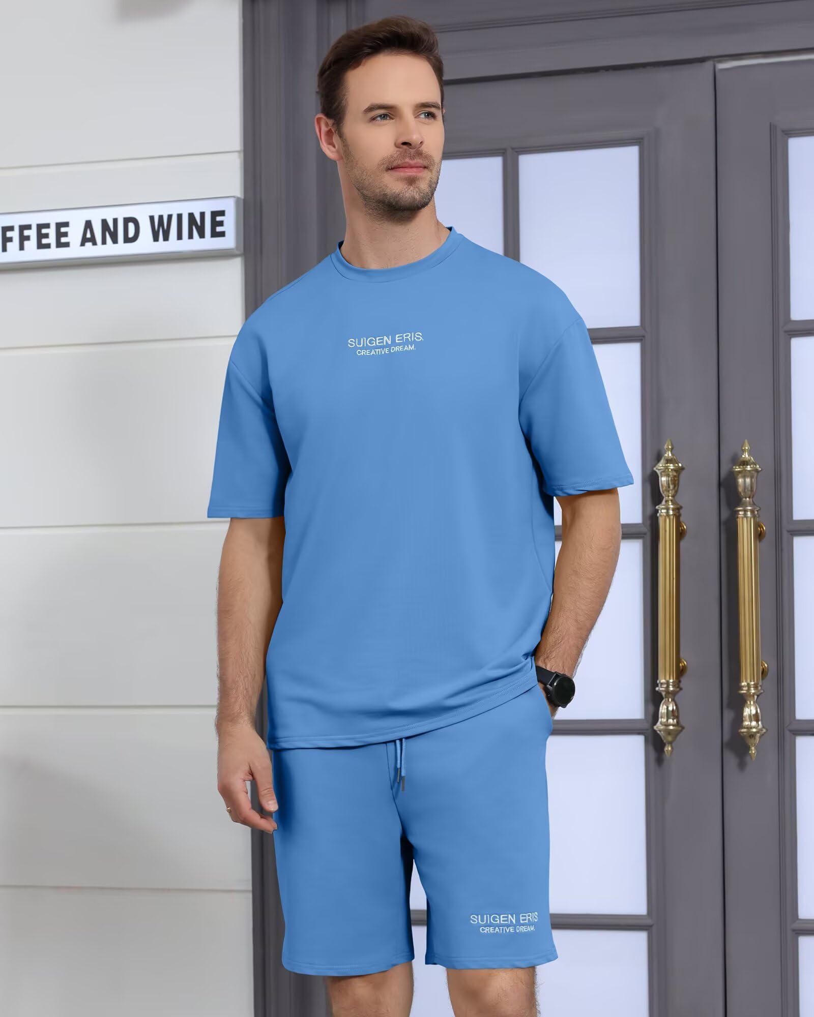 Men's 2 Piece Outfits Letter Drop Shoulder Tee Shirt Shorts Set