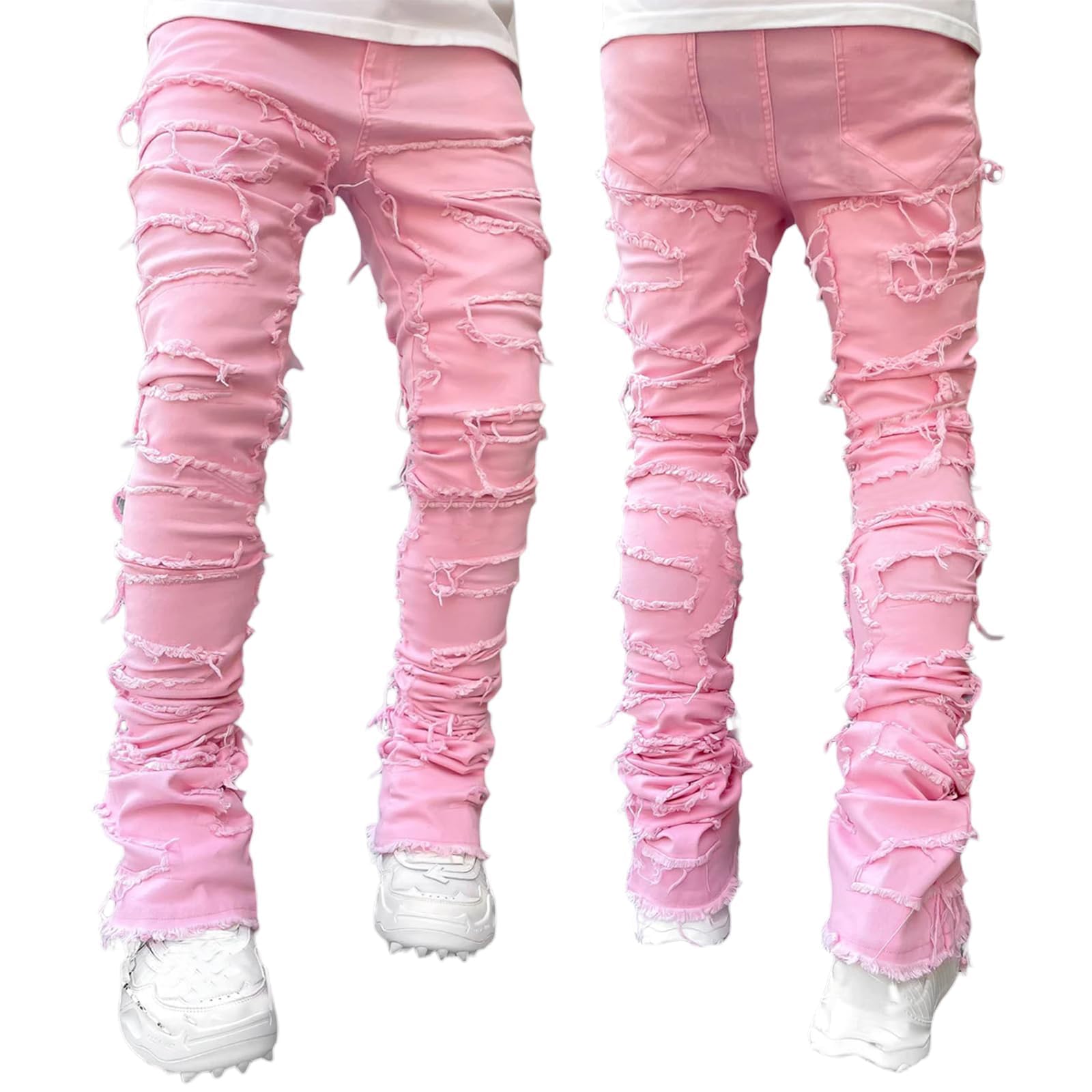 YEOU Men's Stacked Skinny Jeans - Y2K Harajuku Style Ripped Denim Pants with High Waist