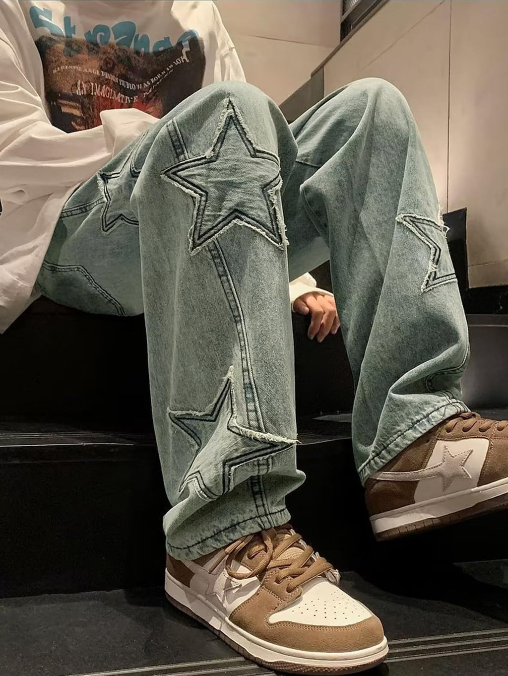 HBER Mens Y2k Star Jeans High Waisted Hip Hop Streetwear Jeans