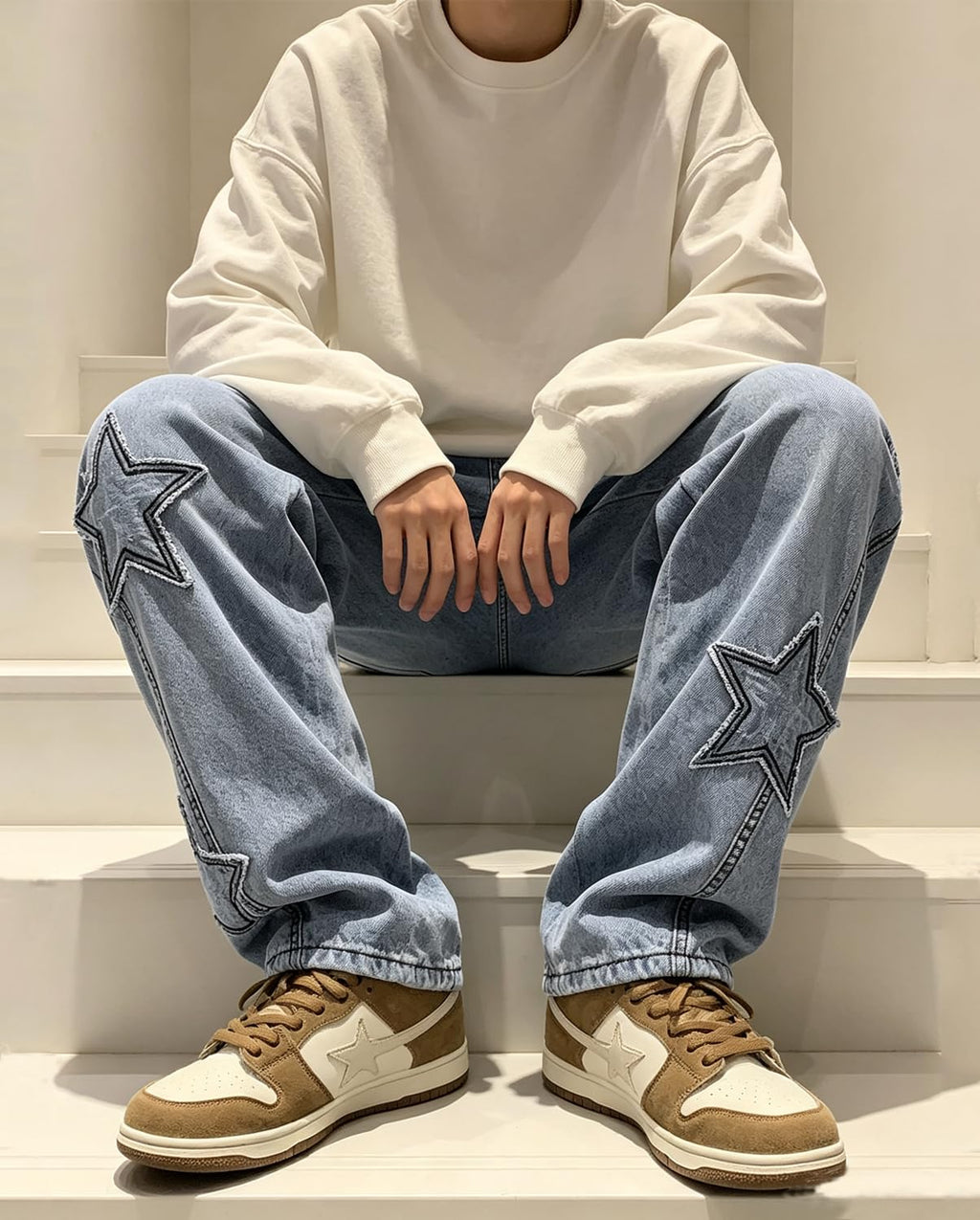 HBER Mens Y2k Star Jeans High Waisted Hip Hop Streetwear Jeans