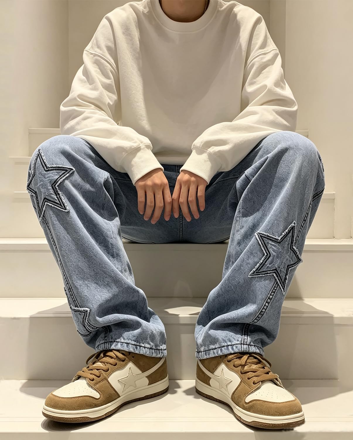 HBER Mens Y2k Star Jeans High Waisted Hip Hop Streetwear Jeans