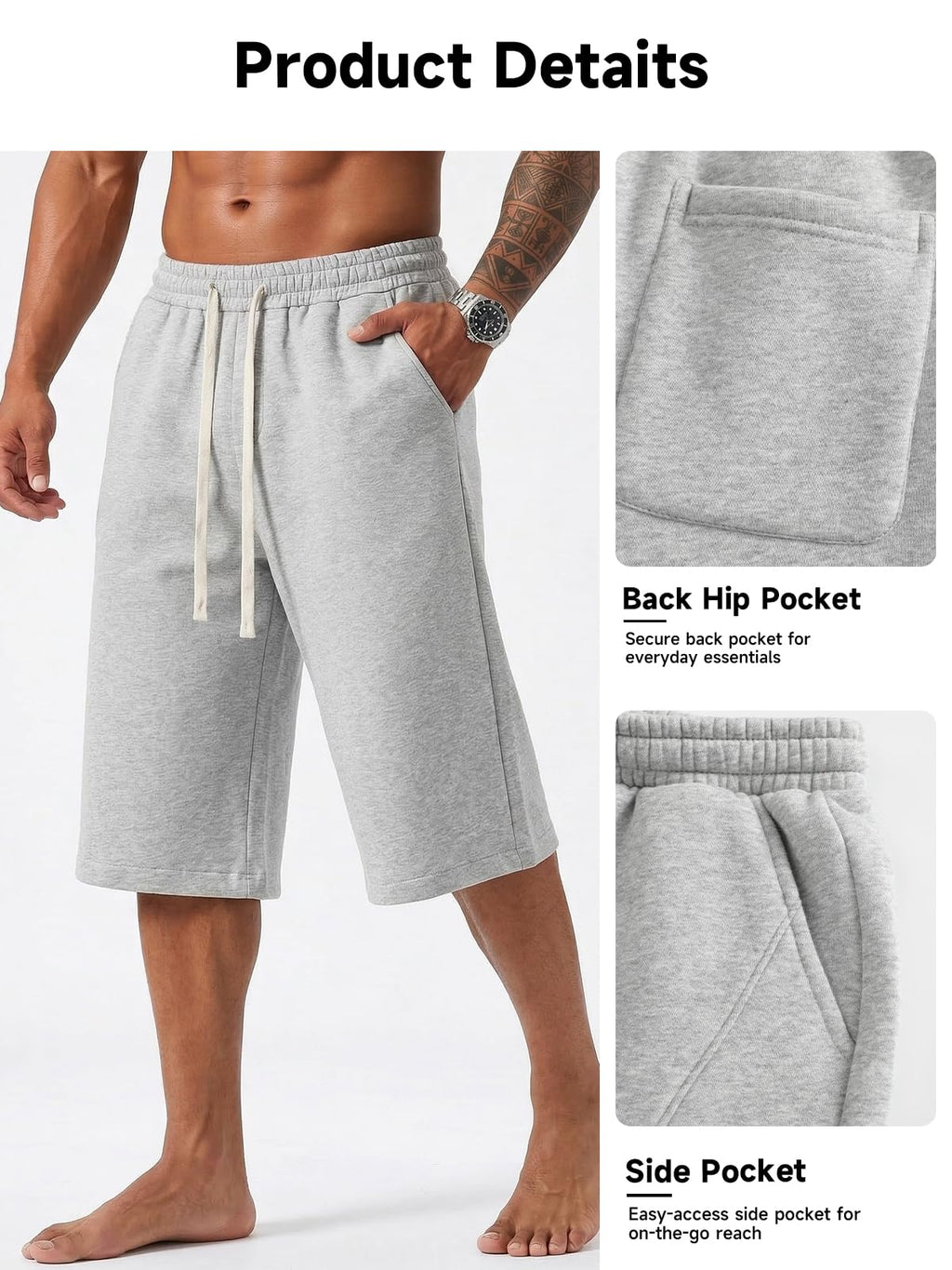 ZUY Men's Baggy Sweat Shorts Cotton Long Below Knee Fleece Capri Shorts 11" Athletic Casual 3/4 Pants with Pockets