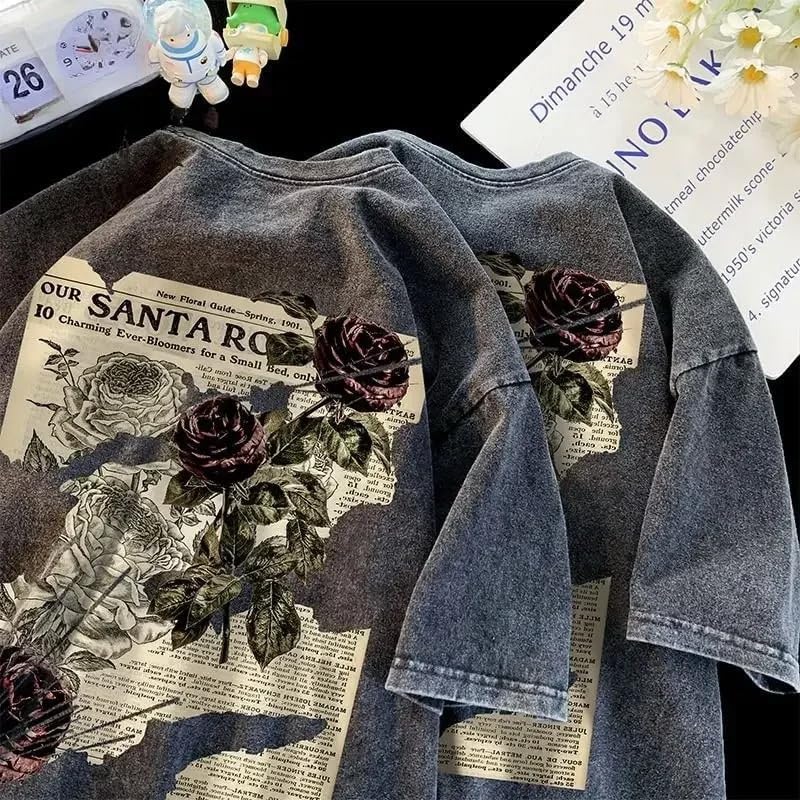 Dynict Unisex Y2k T-Shirt Rose Letter Print Oversized Graphic Tees Short Sleeve Gothic T-Shirts Grunge Clothes