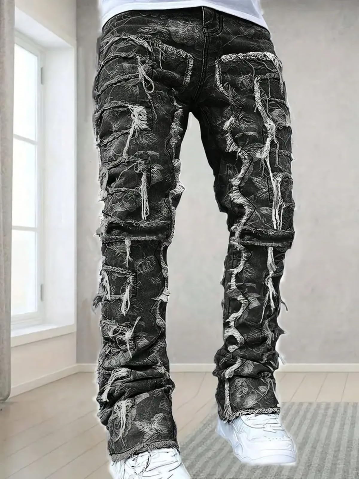 YEOU Men's Stacked Skinny Jeans - Y2K Harajuku Style Ripped Denim Pants with High Waist