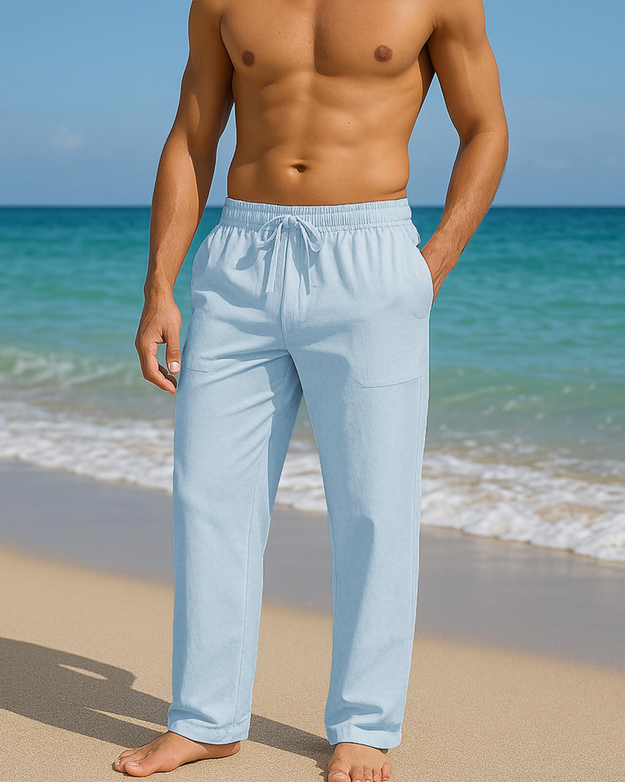 PIDOGYM Mens Cotton Linen Pants Beach Casual Pajama Pants with Pockets