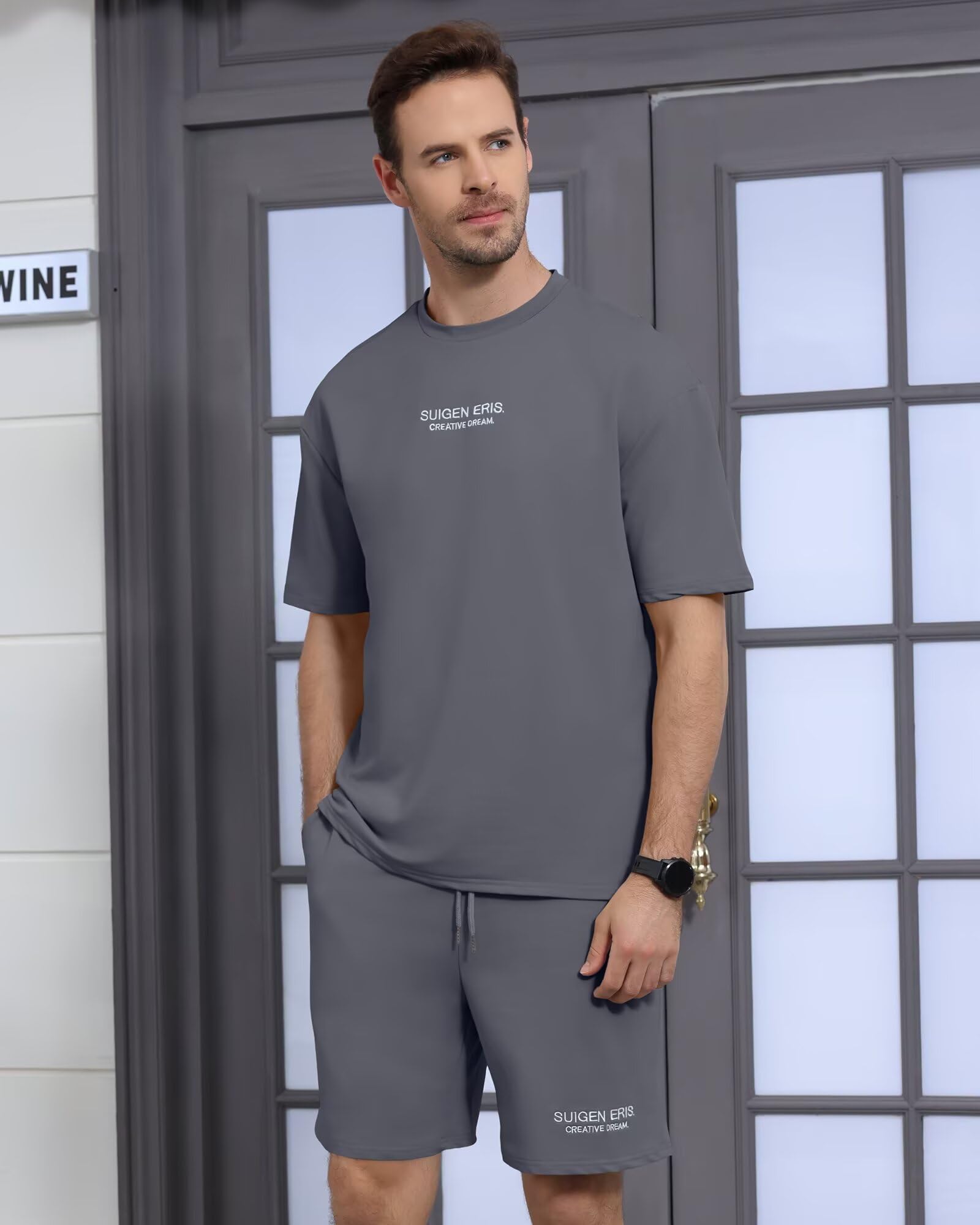 Men's 2 Piece Outfits Letter Drop Shoulder Tee Shirt Shorts Set