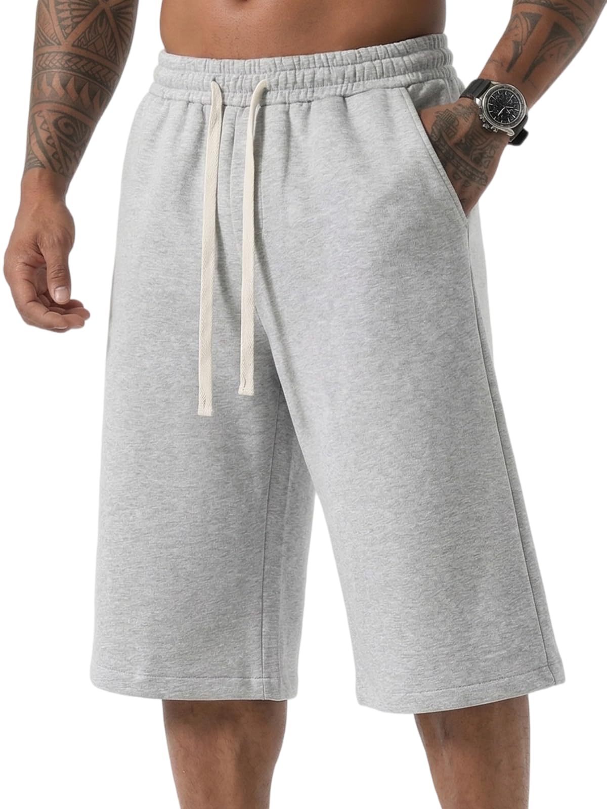 ZUY Men's Baggy Sweat Shorts Cotton Long Below Knee Fleece Capri Shorts 11" Athletic Casual 3/4 Pants with Pockets