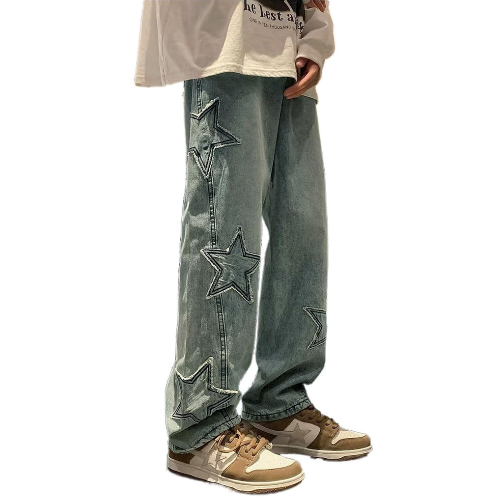 HBER Mens Y2k Star Jeans High Waisted Hip Hop Streetwear Jeans