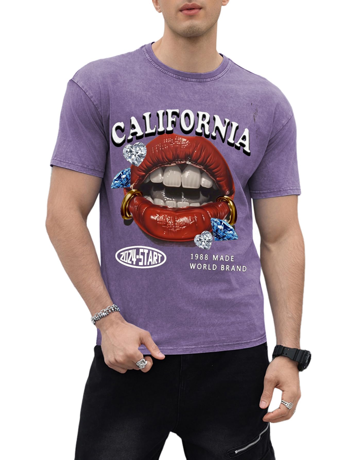 WDIRARA Men's Lip Graphic Tee Shirt Vintage Hip Hop Y2k Streetwear Top
