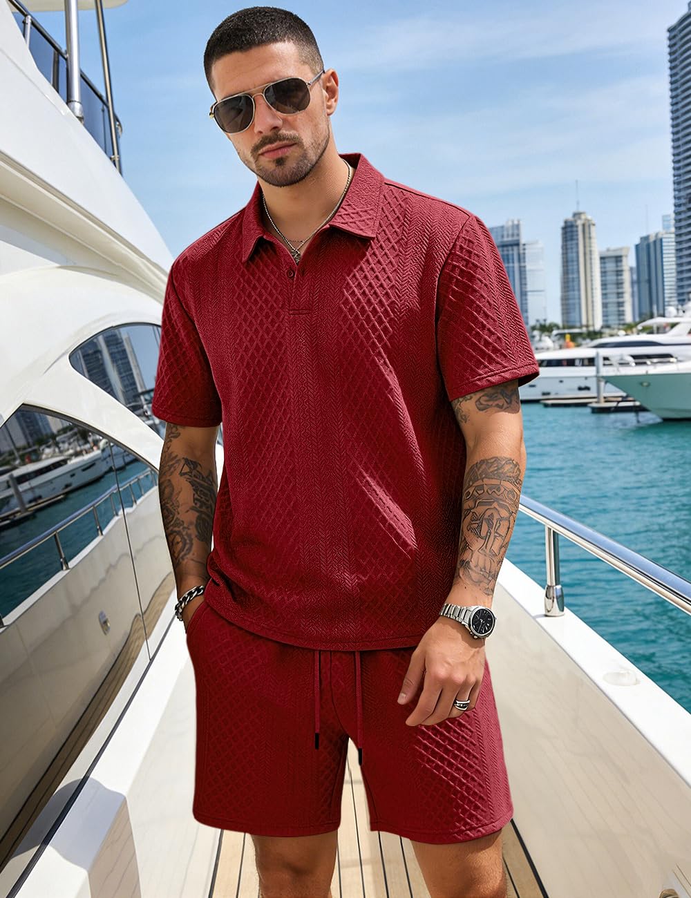 Men's 2 Pieces Outfits Casual Polo Shirt and Shorts Set Collar Athletic Jogging Summer Tracksuit