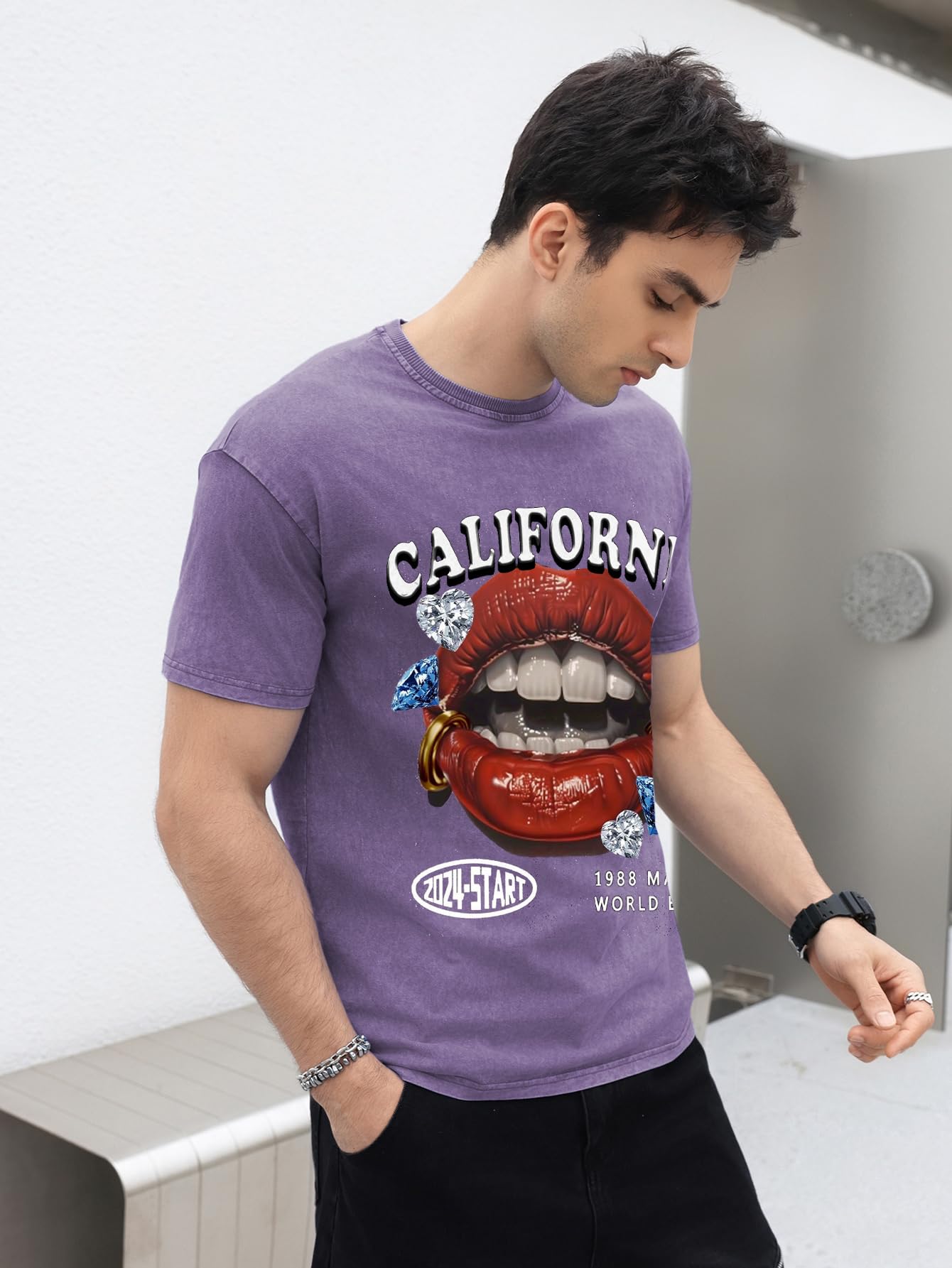 WDIRARA Men's Lip Graphic Tee Shirt Vintage Hip Hop Y2k Streetwear Top