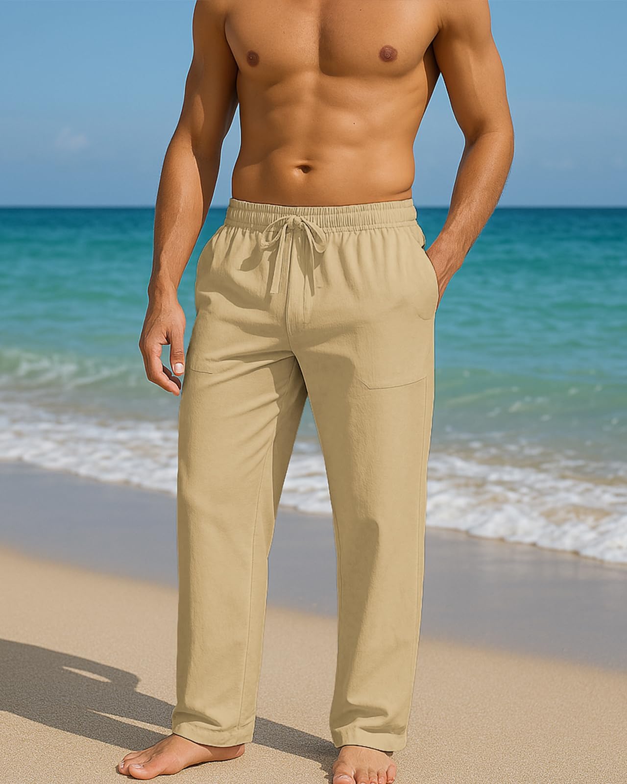 PIDOGYM Mens Cotton Linen Pants Beach Casual Pajama Pants with Pockets