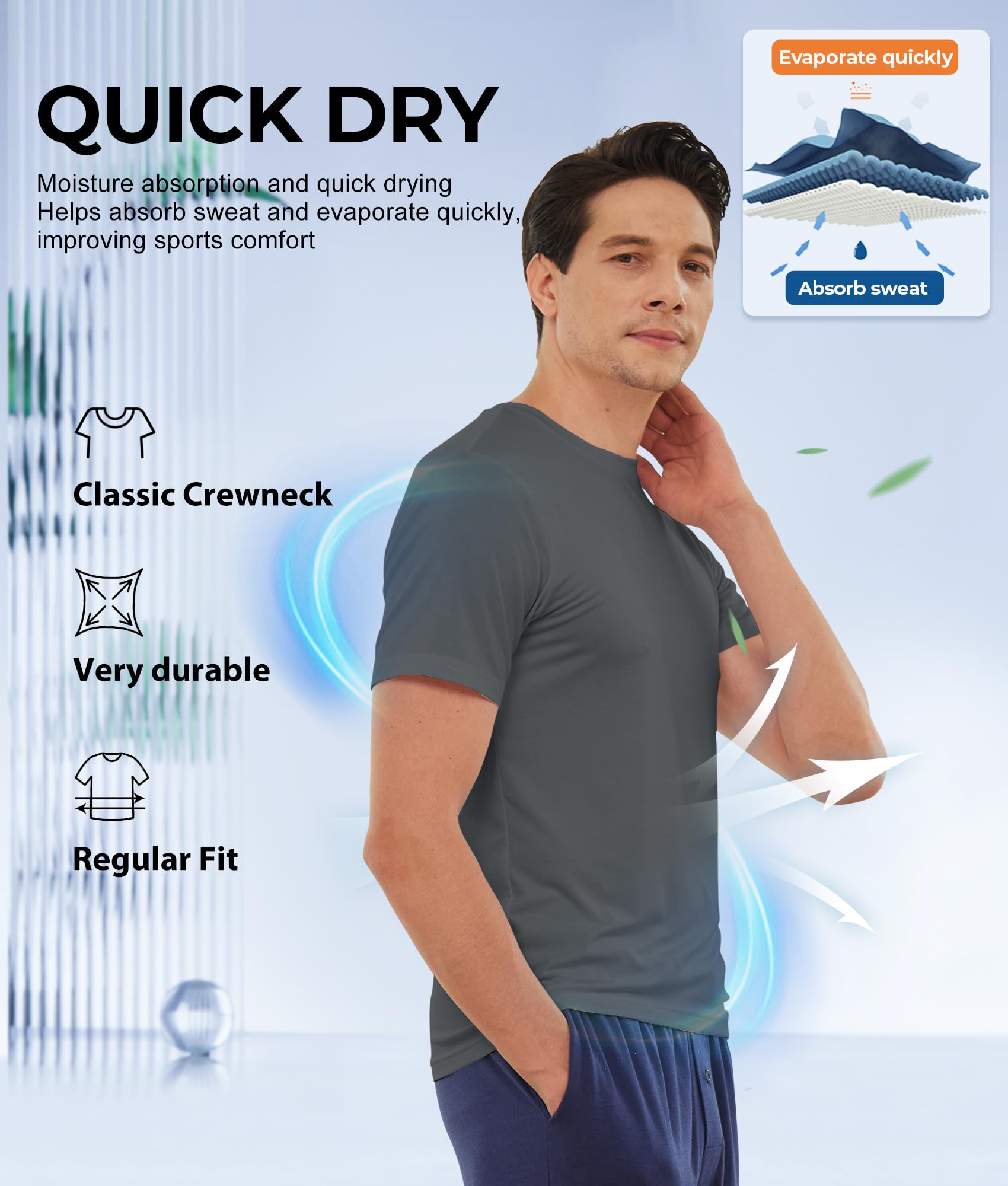 BAMBOO COOL Men's Undershirts Moisture Wicking Crewneck T Shirts 6 Pack