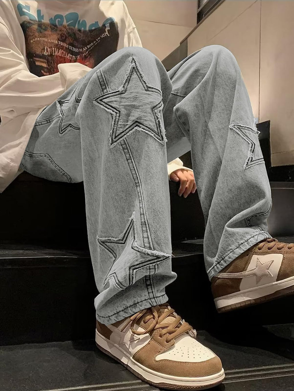 HBER Mens Y2k Star Jeans High Waisted Hip Hop Streetwear Jeans