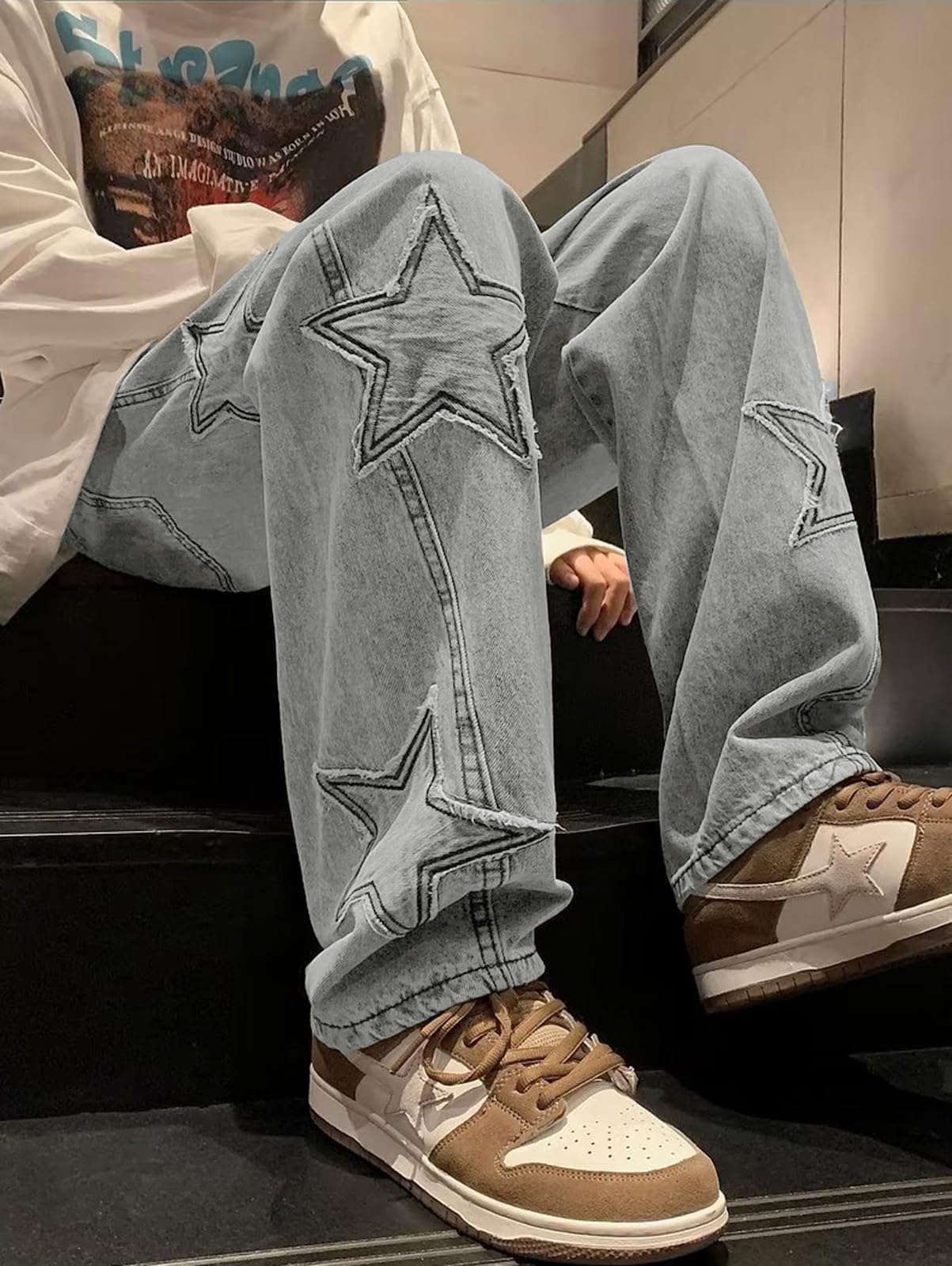 HBER Mens Y2k Star Jeans High Waisted Hip Hop Streetwear Jeans
