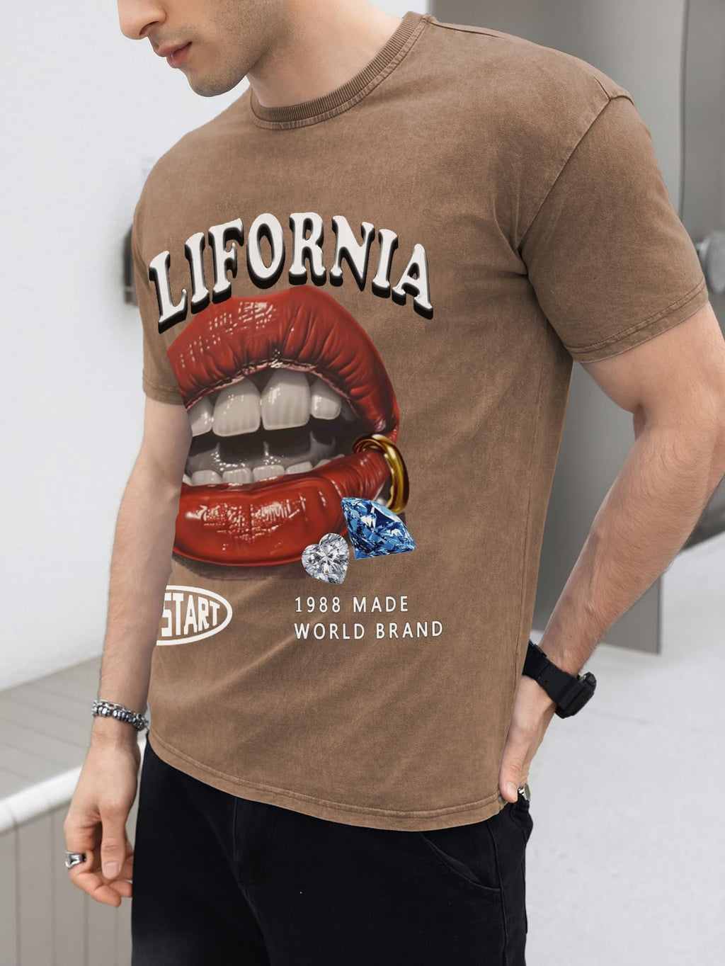 WDIRARA Men's Lip Graphic Tee Shirt Vintage Hip Hop Y2k Streetwear Top