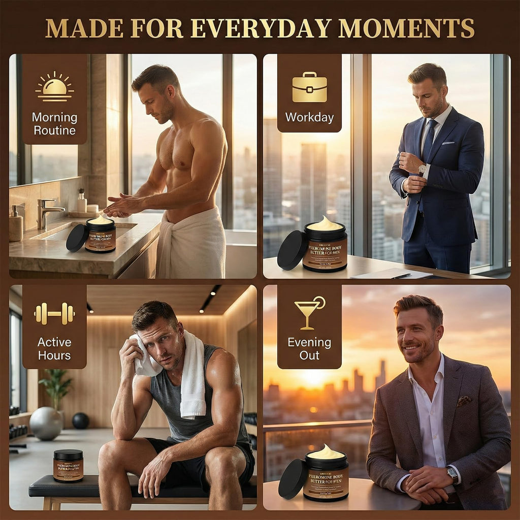 Pheromone Body Butter Men, Mens Skin Cream, Cologne-Inspired Fragrance Moisturizer with Shea Butter, Cocoa Butter & Coconut Oil, Non-Greasy Hydrating Body Cream - Woody Amber