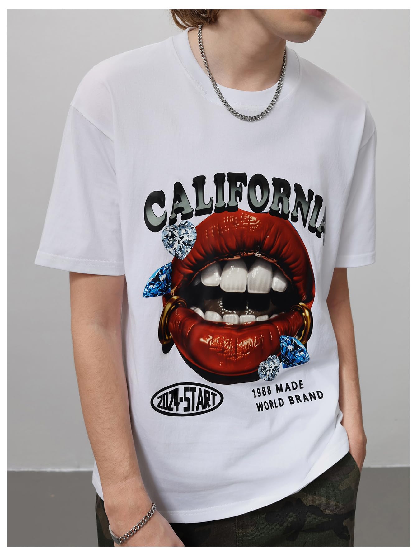 WDIRARA Men's Lip Graphic Tee Shirt Vintage Hip Hop Y2k Streetwear Top
