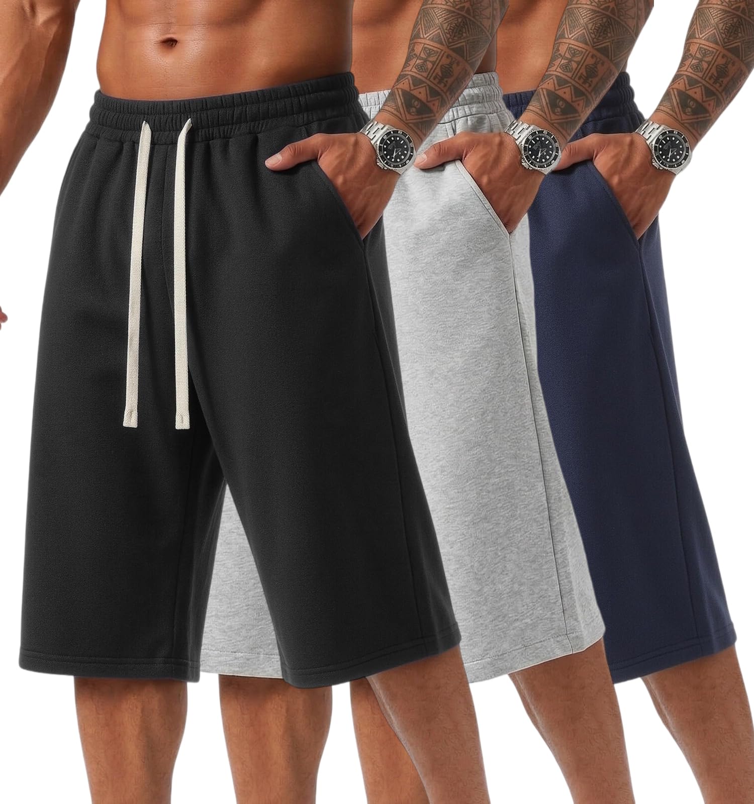 ZUY Men's Baggy Sweat Shorts Cotton Long Below Knee Fleece Capri Shorts 11" Athletic Casual 3/4 Pants with Pockets