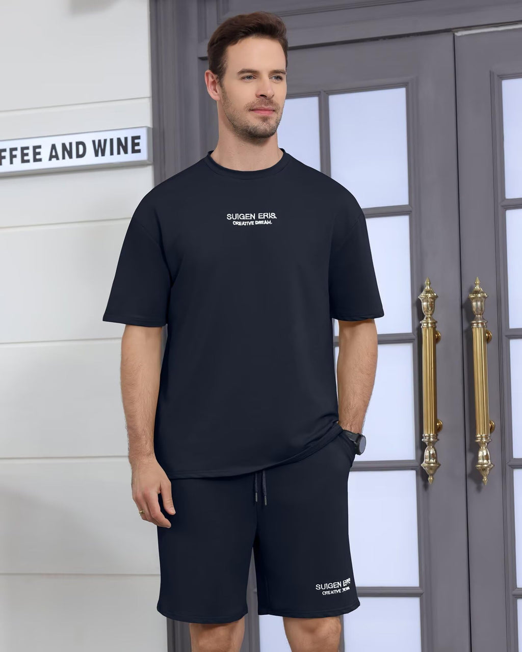 Men's 2 Piece Outfits Letter Drop Shoulder Tee Shirt Shorts Set