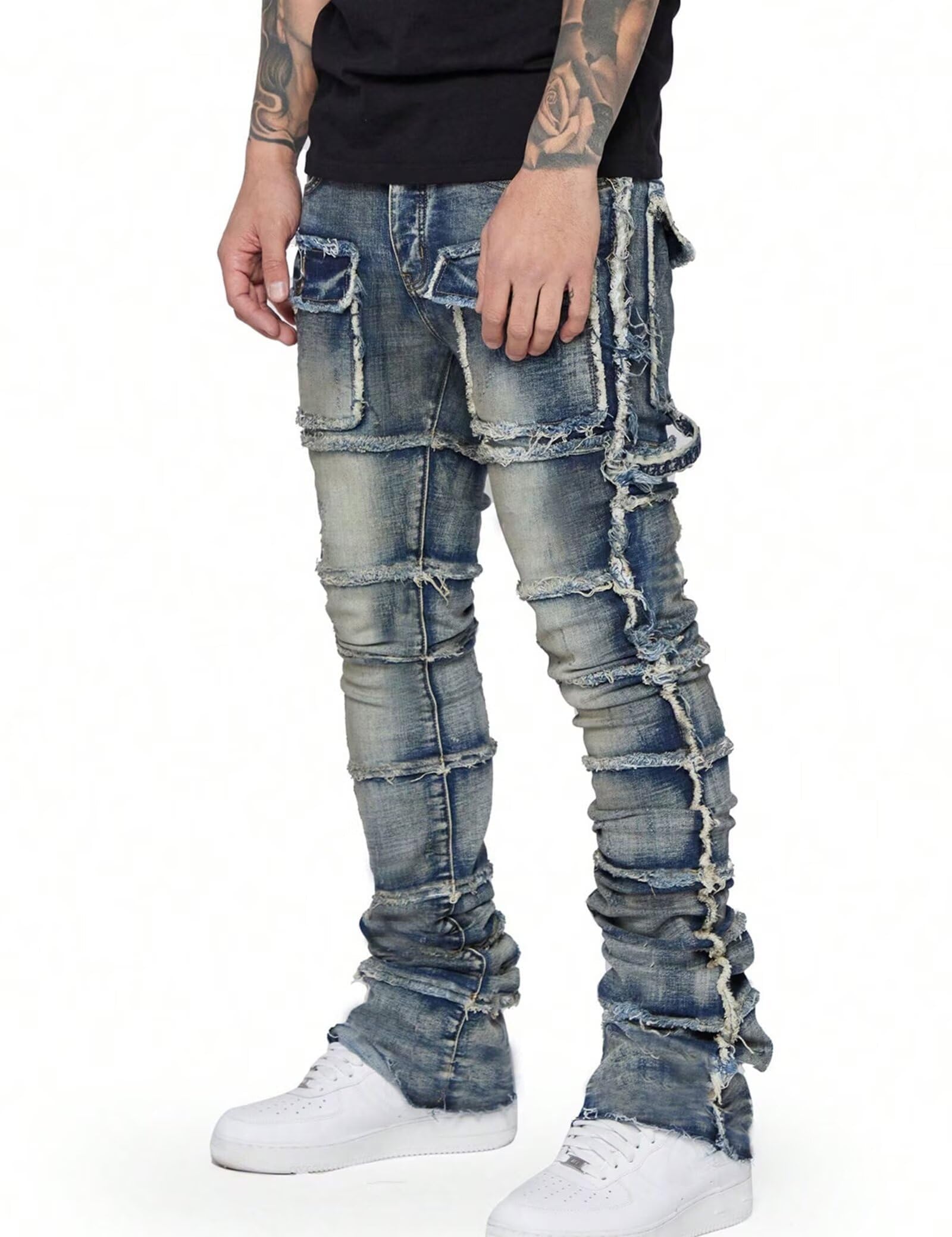 YEOU Men's Stacked Skinny Jeans - Y2K Harajuku Style Ripped Denim Pants with High Waist