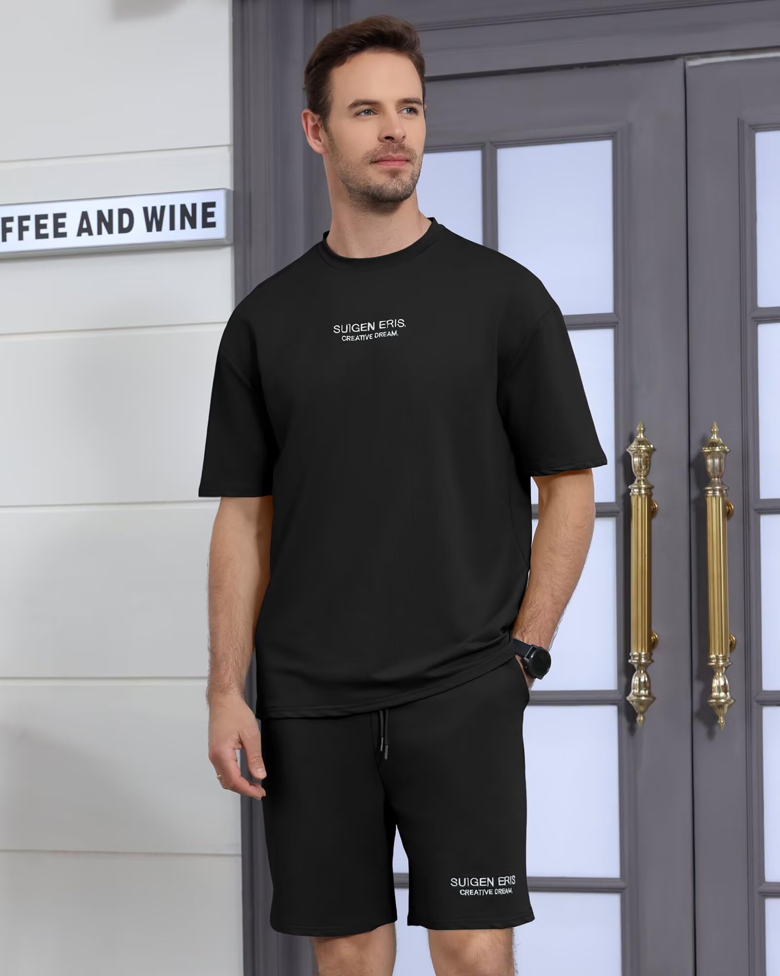 Men's 2 Piece Outfits Letter Drop Shoulder Tee Shirt Shorts Set