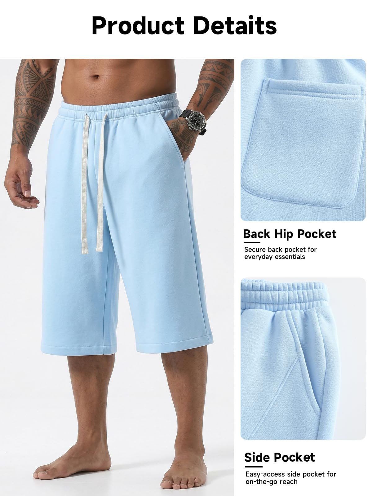 ZUY Men's Baggy Sweat Shorts Cotton Long Below Knee Fleece Capri Shorts 11" Athletic Casual 3/4 Pants with Pockets