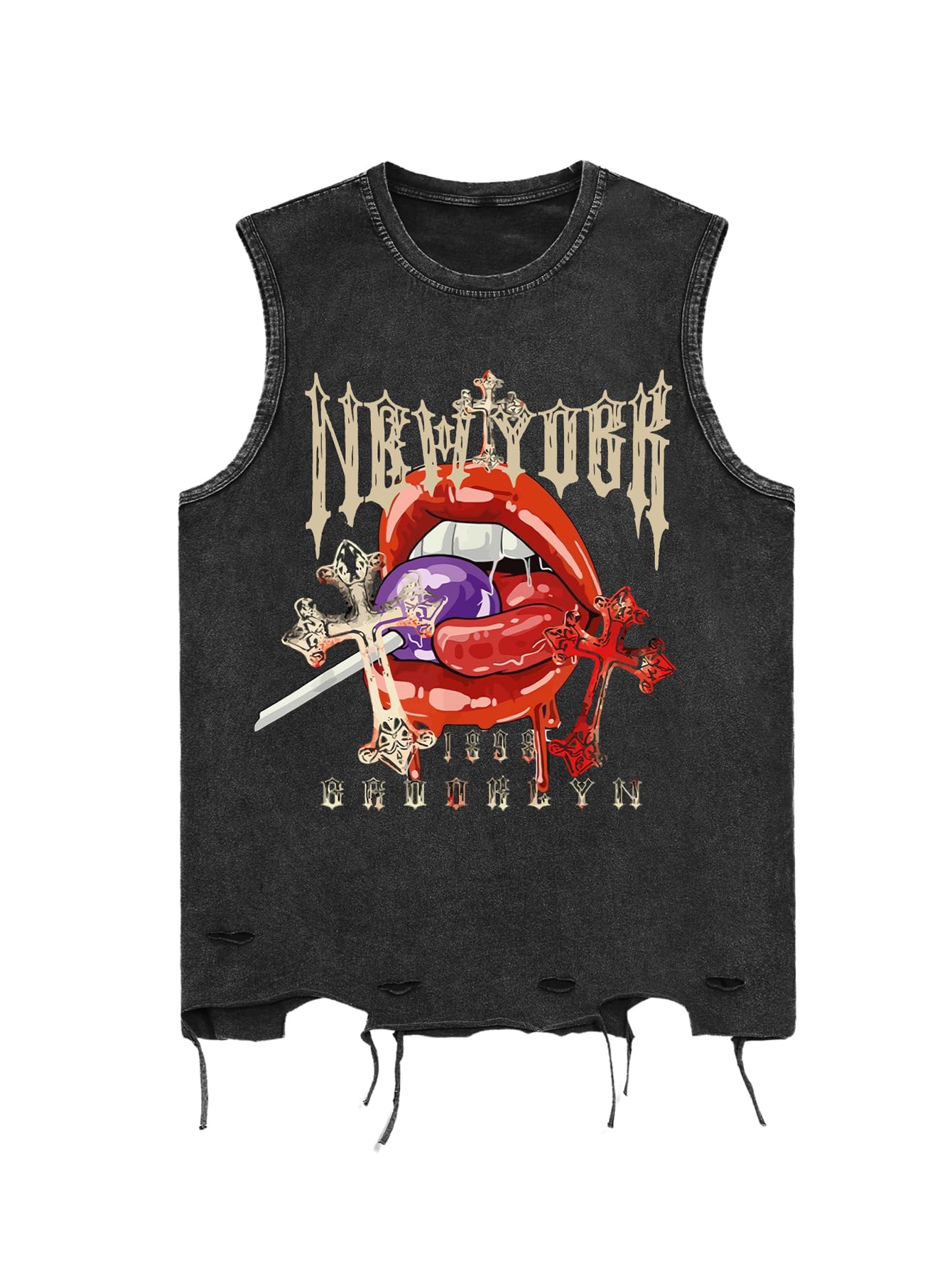 Verdusa Men's Graphic Tees Y2k Grunge Distressed Tee Summer Shirt Sreetwear