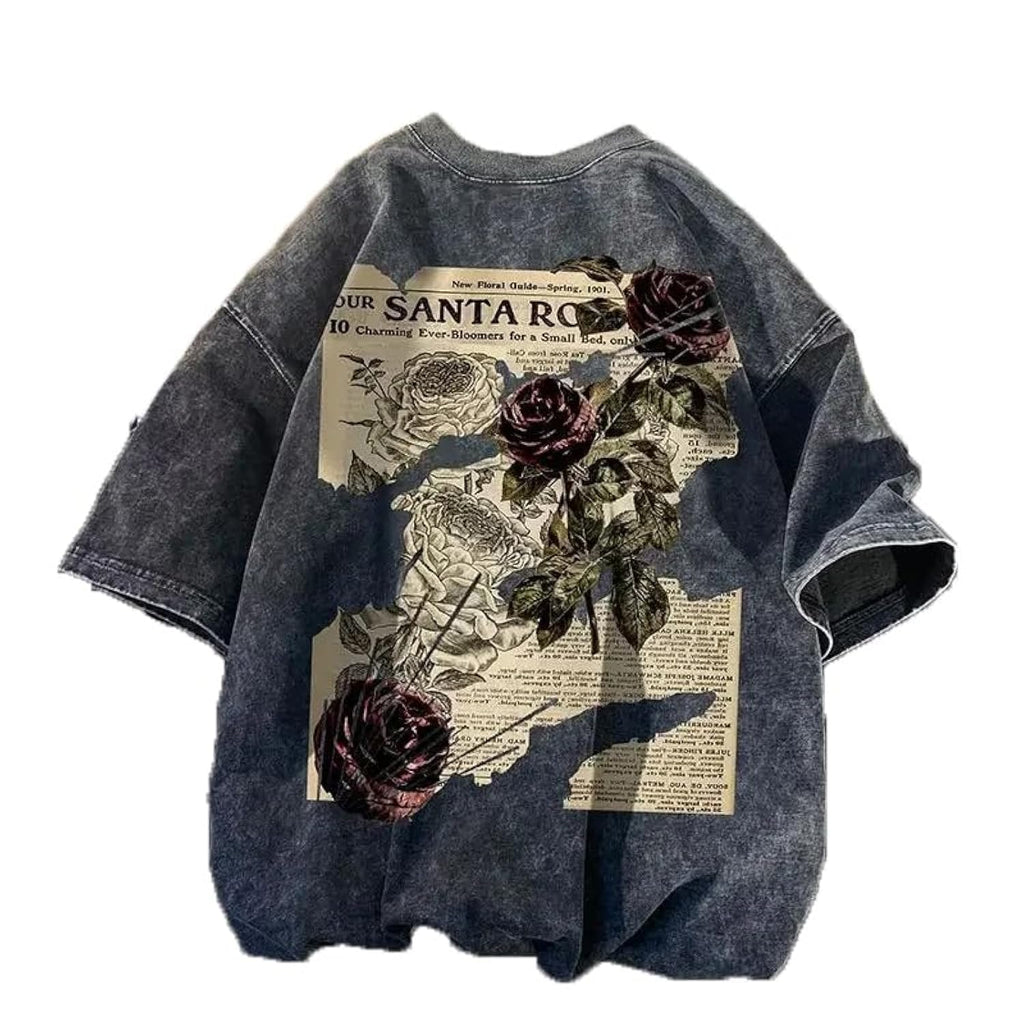 Dynict Unisex Y2k T-Shirt Rose Letter Print Oversized Graphic Tees Short Sleeve Gothic T-Shirts Grunge Clothes
