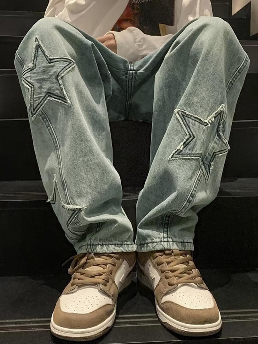 HBER Mens Y2k Star Jeans High Waisted Hip Hop Streetwear Jeans