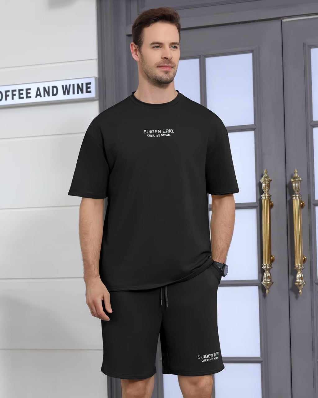 Men's 2 Piece Outfits Letter Drop Shoulder Tee Shirt Shorts Set