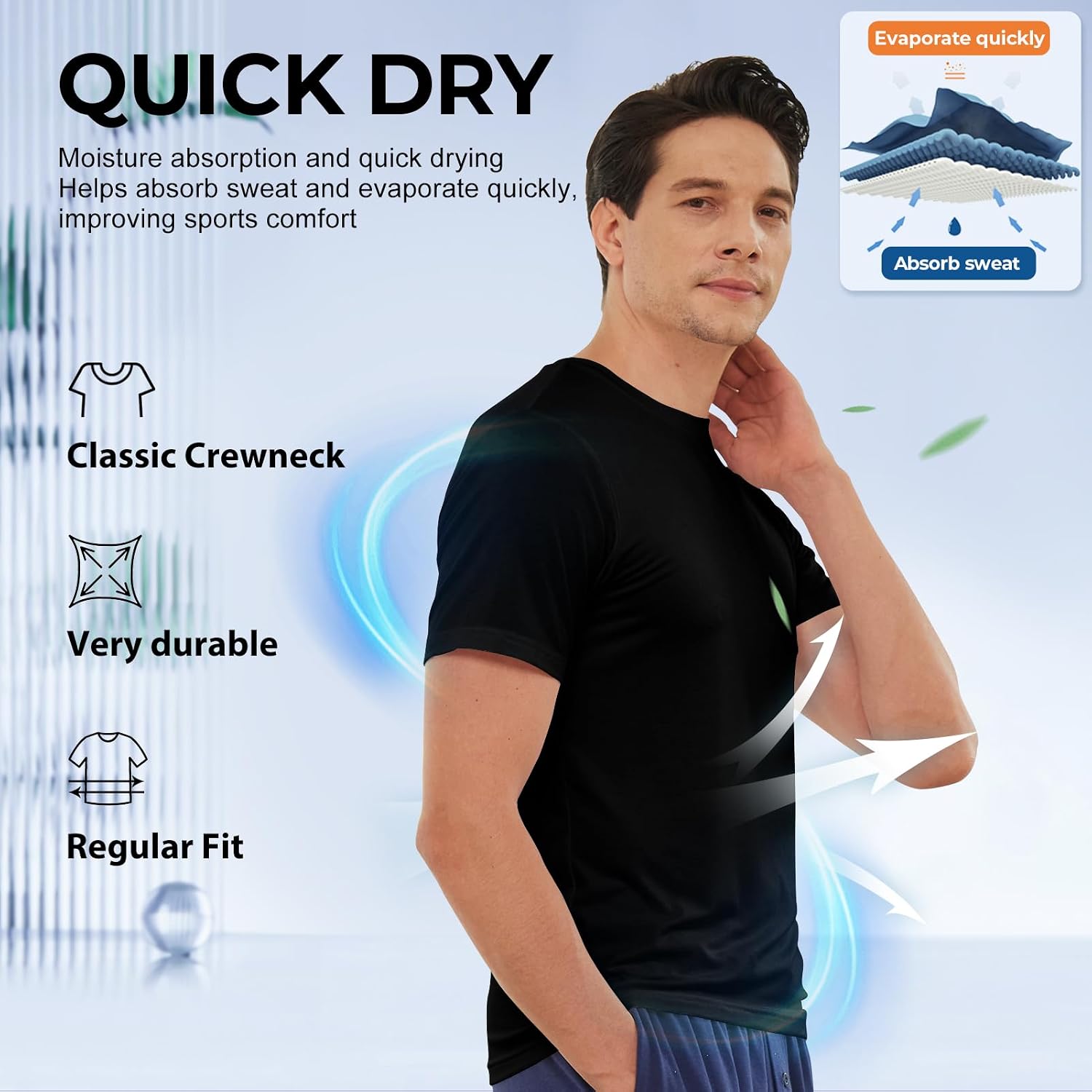 BAMBOO COOL Men's Undershirts Moisture Wicking Crewneck T Shirts 6 Pack