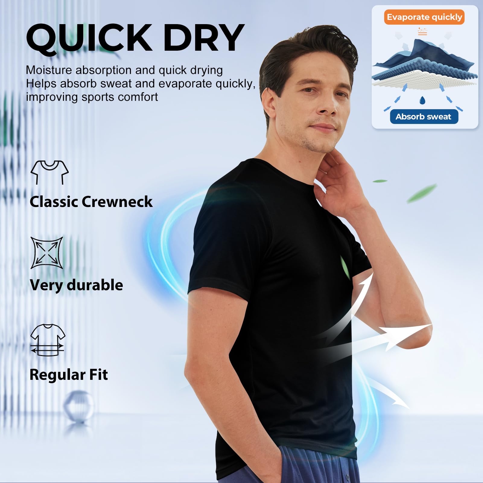 BAMBOO COOL Men's Undershirts Moisture Wicking Crewneck T Shirts 6 Pack